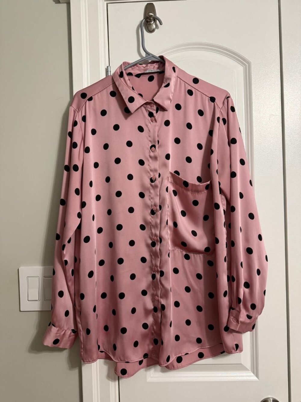 Zara Pink Black Polka Dot Satin Button Down Blouse Size L